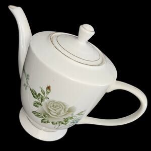 Vintage White Rose Teapot Porcelain Floral Gold Trim China